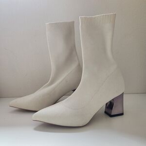 Cream Knit Sock Boots 9.5 | Stretch Pointed Toe Bootie with Silver Heel